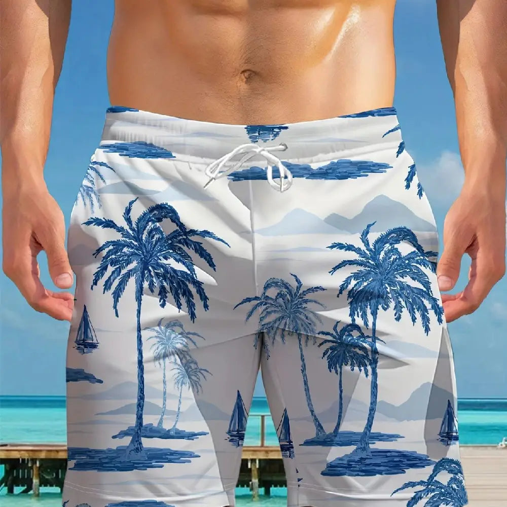 Men casual swim trunks in white featuring a blue tropical palm tree and sailboat pattern designed as gradient tropical boardshorts for beachwear.