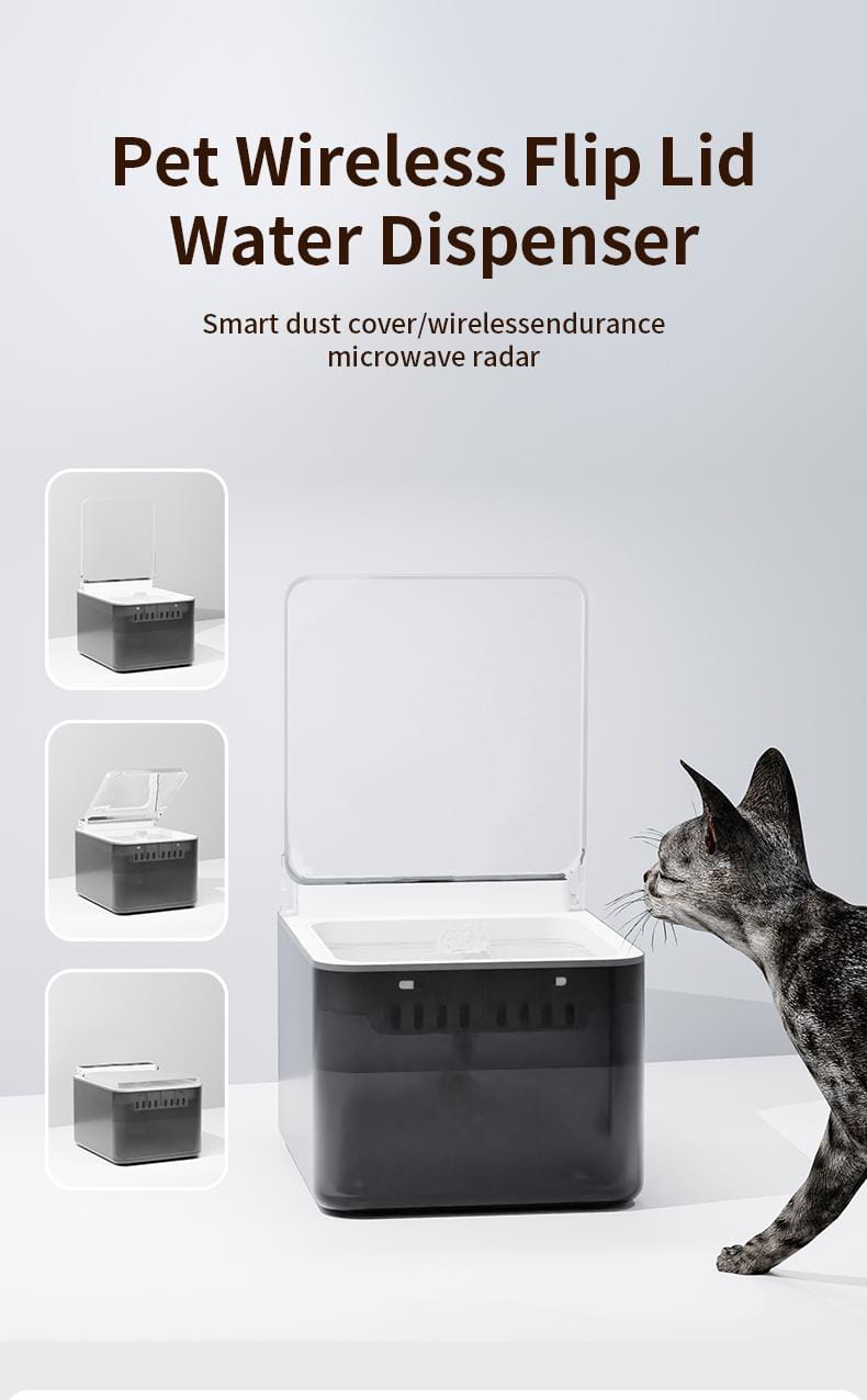 Schwarze und weiße kabellose Katzen-Wasserfontäne mit Körper aus Edelstahl, Klappdeckel und transparentem Deckel mit einem Fassungsvermögen von 3 Litern.