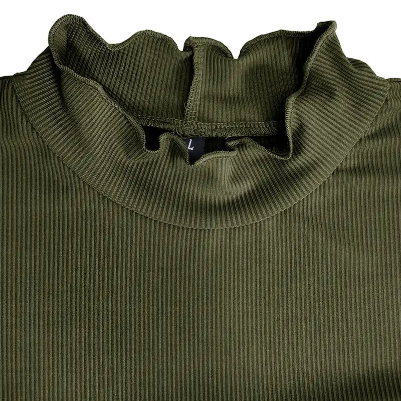 Olive green ribbed knit slim fit top for women featuring a ruffled high neckline and mock neck design.