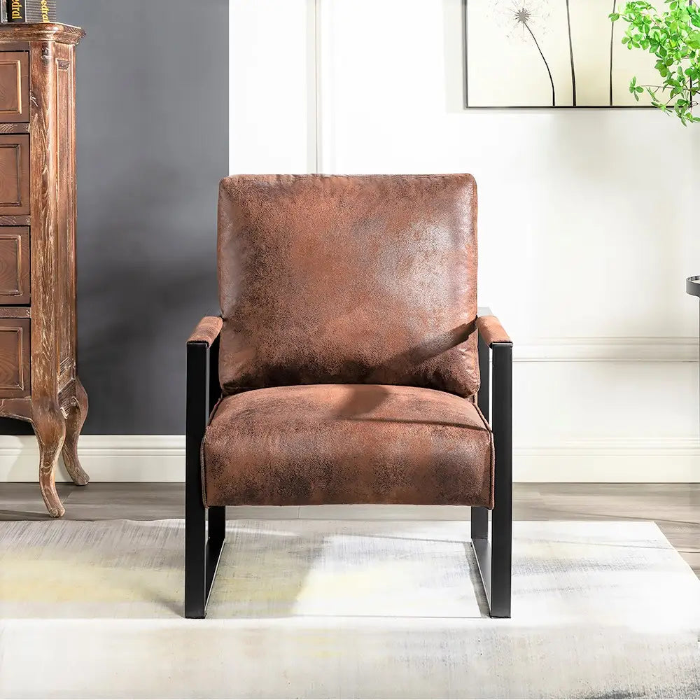 Brown faux leather armchair with a black metal frame featured as a mid century brown microfiber accent chair designed for stylish seating.