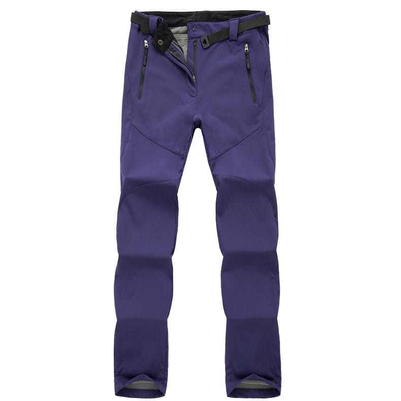 Waterproof fleece ski pants for men and women in purple with black zippers and belt designed for hiking and outdoor activities.