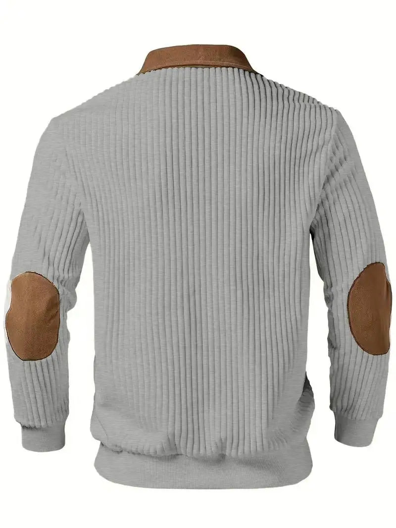 Gray corduroy men’s ribbed patchwork half zip knit sweater with brown leather elbow and collar patches.