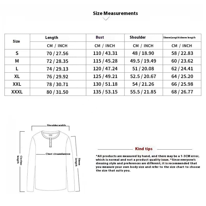 Tabla de tallas para la camisa de cárdigan con capucha ligera para hombre, con botones en la parte delantera, mangas largas, que muestra medidas en centímetros y pulgadas para las tallas s a xxxl.