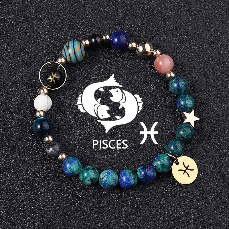 A natural stone zodiac constellation beaded bracelet featuring a vibrant pisces design with multicolored blue green and pink beads accented by metallic silver charms and a gold-toned piscis symbol charm.