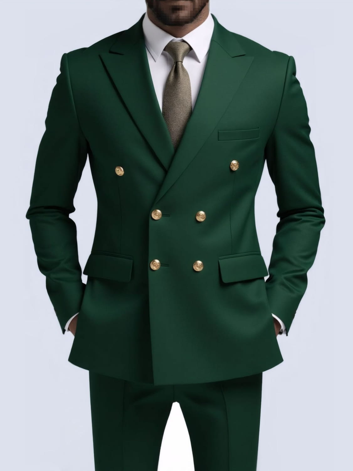 Costume homme non repassable à double boutonnage vert foncé, avec boutons à tonalité dorée et coupe sur mesure