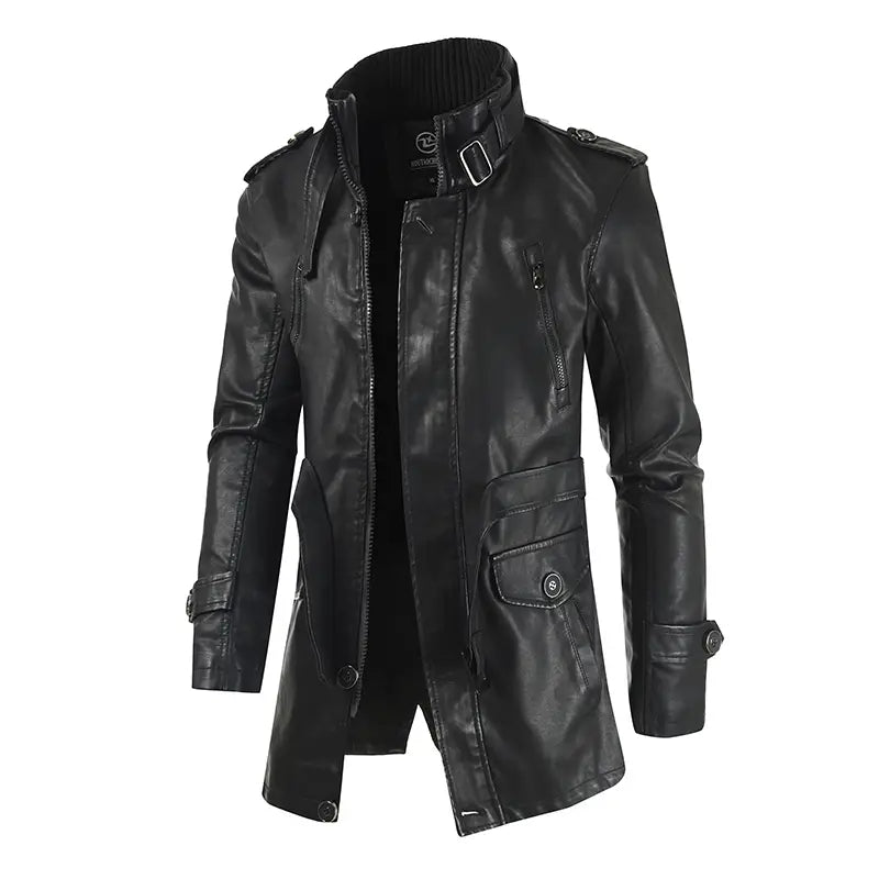 Men’s mid-length black faux leather trench coat with high collar shoulder epaulets and front zipper closure fleece lined for added warmth