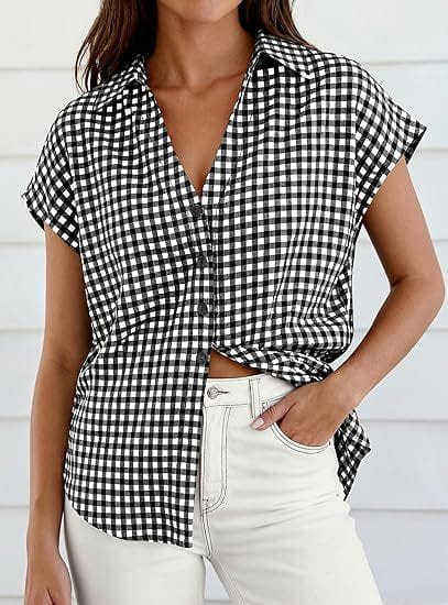 black and white gingham short-sleeved button-up blouse with v-neckline and front knot detail