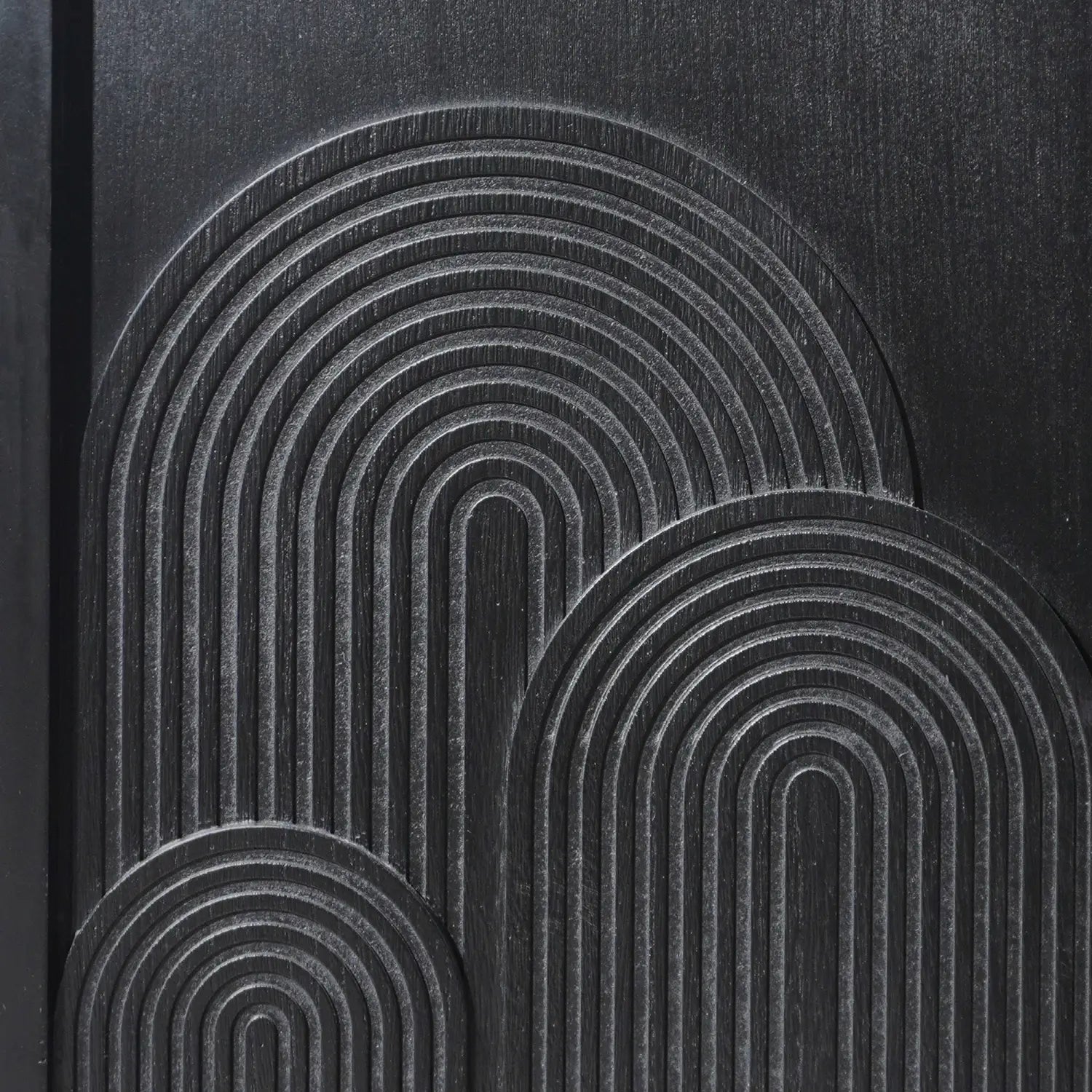 Black wood storage cabinet 31in arched accent cabinet with black matte-finished wall art featuring embossed concentric arches and a subtle brushed texture.