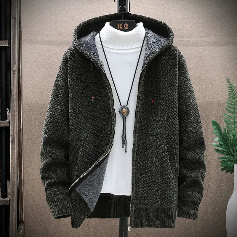 Pull à capuche zippé doublé de polaire pour homme, avec doublure en polaire gris clair contrastante et poignets côtelés, en maille texturée gris foncé.