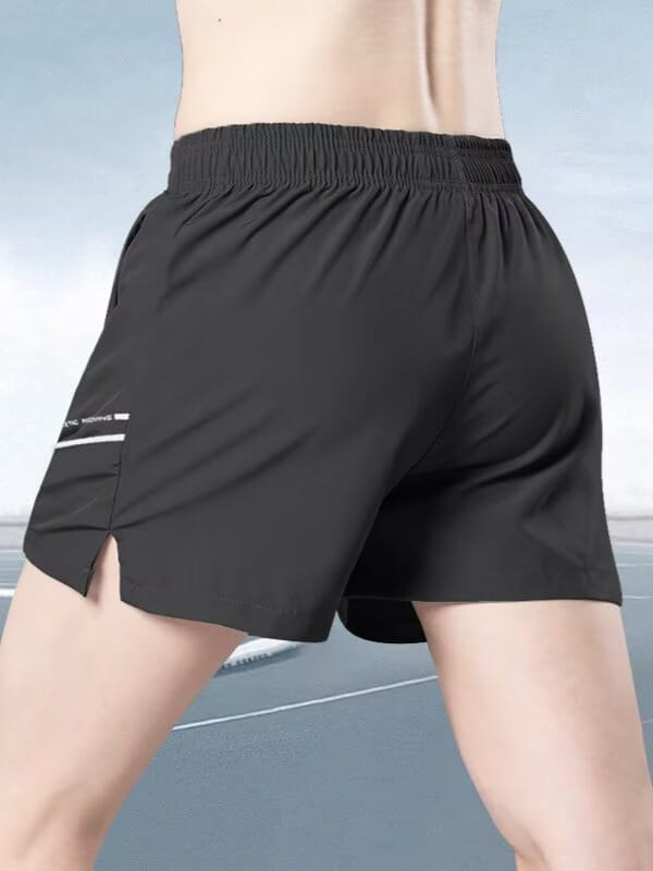 black ice silk quick-drying athletic shorts with elastic waistband and white side stripe detail suitable for exercise and casual wear