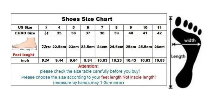Schuhgrößentabelle mit US-, Euro- und Zollangaben sowie einer Fußmaß-Darstellung neben einer Diagrammabbildung für Lackleder-Mary-Jane-Schuhe mit Blockabsatz und eckiger Schuhspitze.