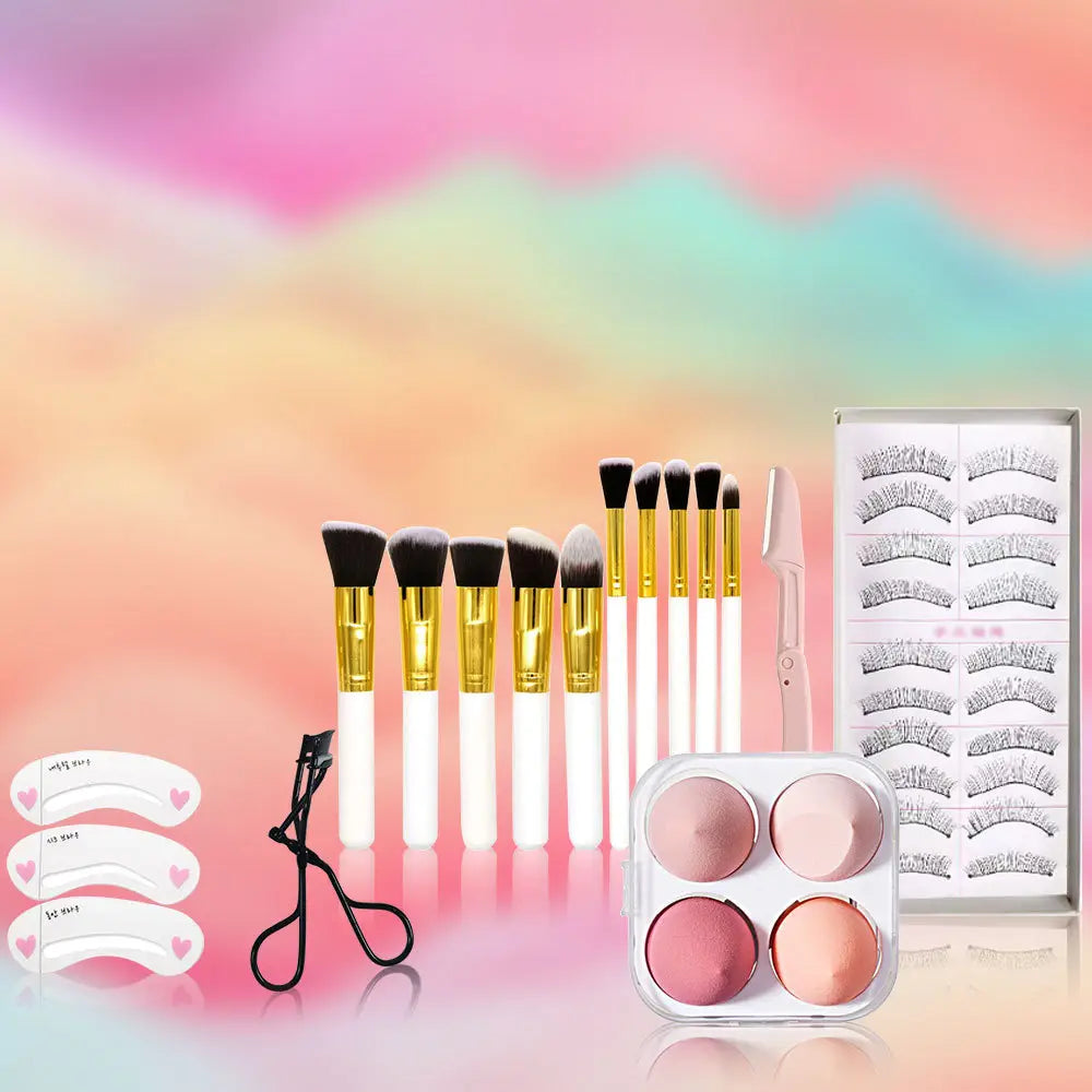 Set of ten white handled makeup brushes with gold ferrules and black bristles alongside false eyelashes eyeshadow palette and lash curlers from the Makeup Set Popfeel Festive Red Gift Kit 27 Pcs.