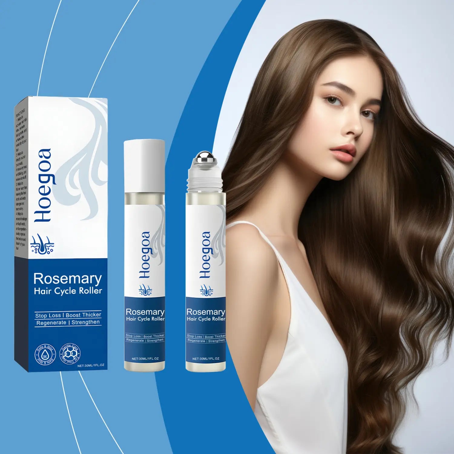 Le sérum à l’huile de romarin pour la pousse des cheveux Hoegoa, sous forme de roller, enrichi en vitamine E, présente un flacon à roller élégant blanc et bleu, avec un embout métallique argenté.