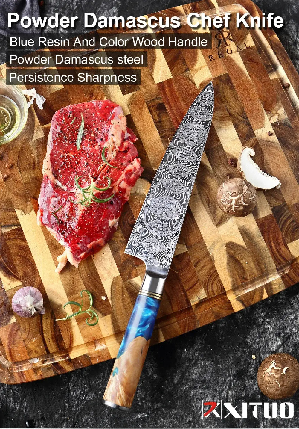 Cuchillo de chef de acero damasco de Damasco con resina azul y mango de madera de colores, con hoja de damasco de polvo.