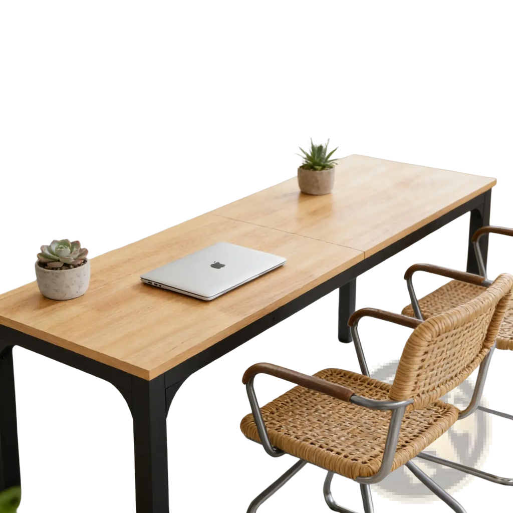 Silver laptop with minimalist design on 78 inch executive office desk double workstation wood surface