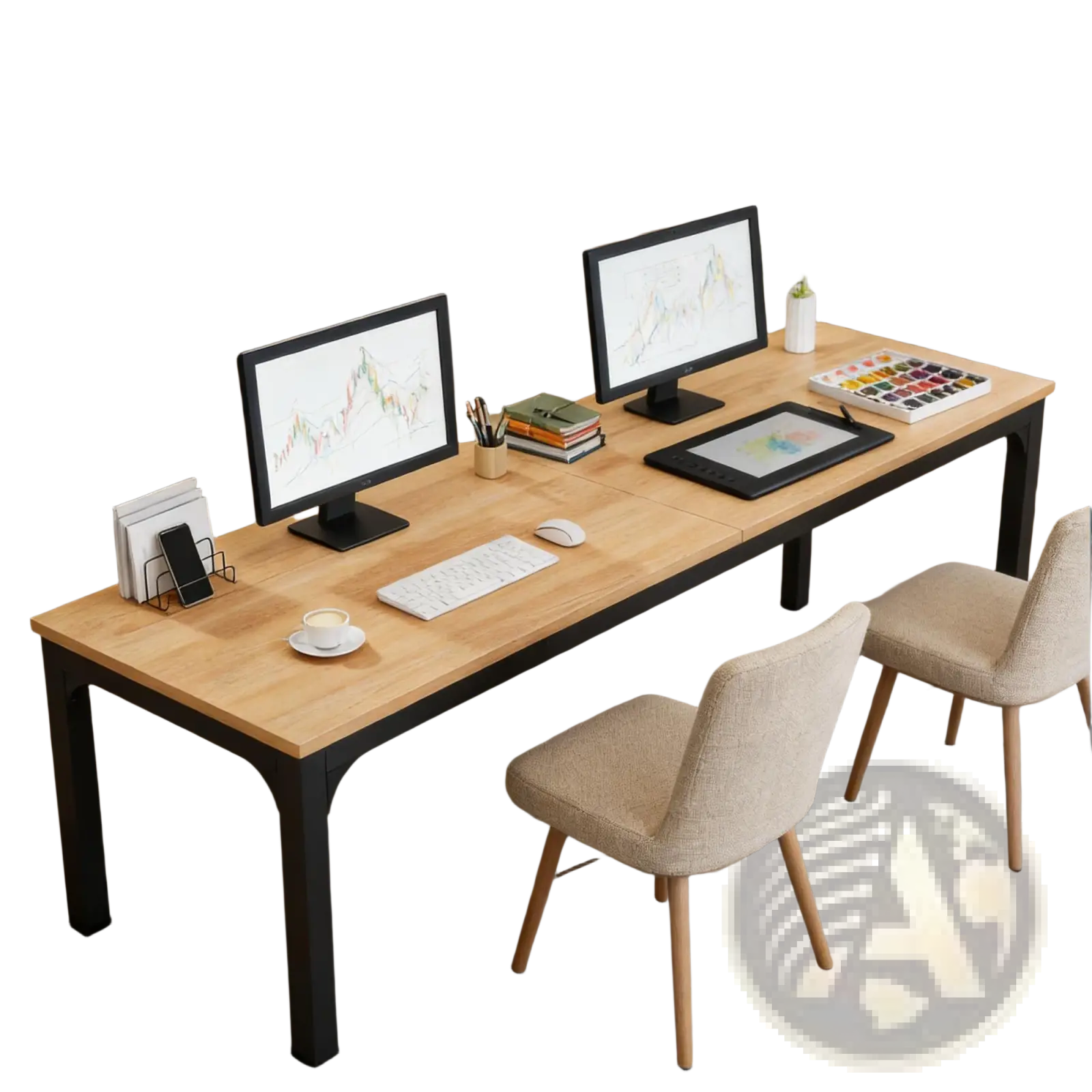 Light wood grain 78 inch executive office desk double workstation with black metal legs and modern design