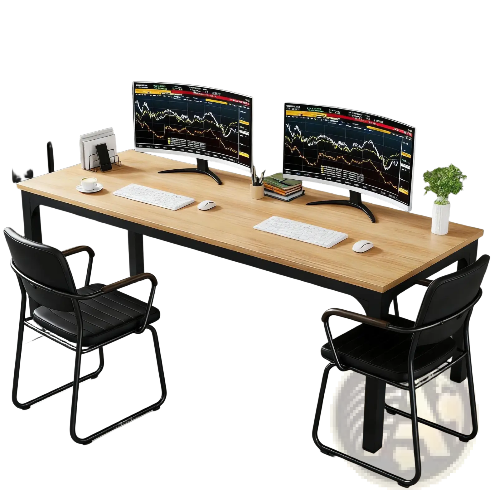Modern 78 inch executive office desk double workstation wood with black metal legs and two curved monitor stands displaying financial charts