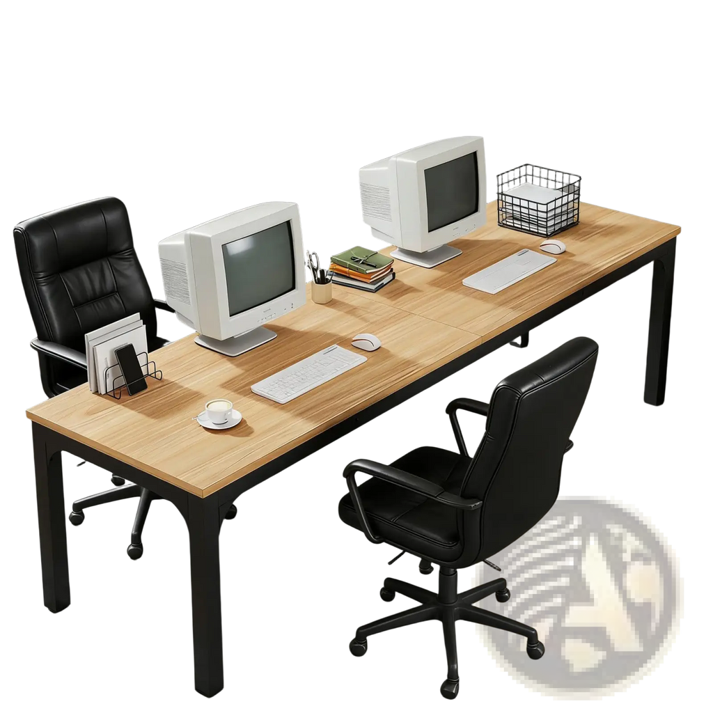78 inch executive office desk with long wooden surface black metal legs and two white crt monitors on top