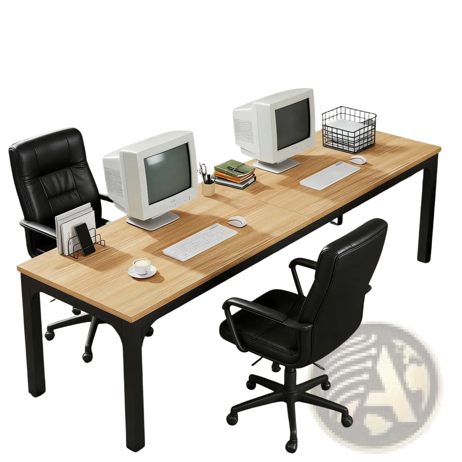 78 inch executive office desk with long wooden surface black metal legs and two white crt monitors on top