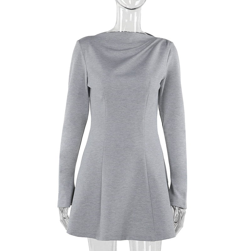 A sleek gray slim fit long sleeve a line flared dress with a draped neckline suitable for formal occasions.