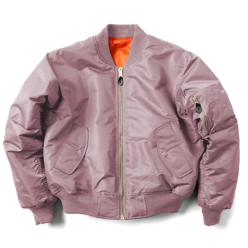 Men’s pilot cotton bomber jacket in mauve with bright orange lining and gold-toned zipper hardware.