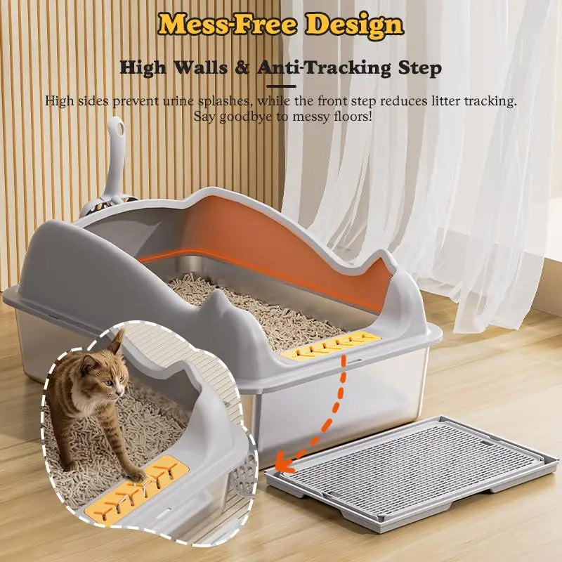 Caja para arena de gato grande de acero inoxidable con paredes altas grises y naranjas, escalón antivuelco y bandeja extraíble para facilitar la limpieza.