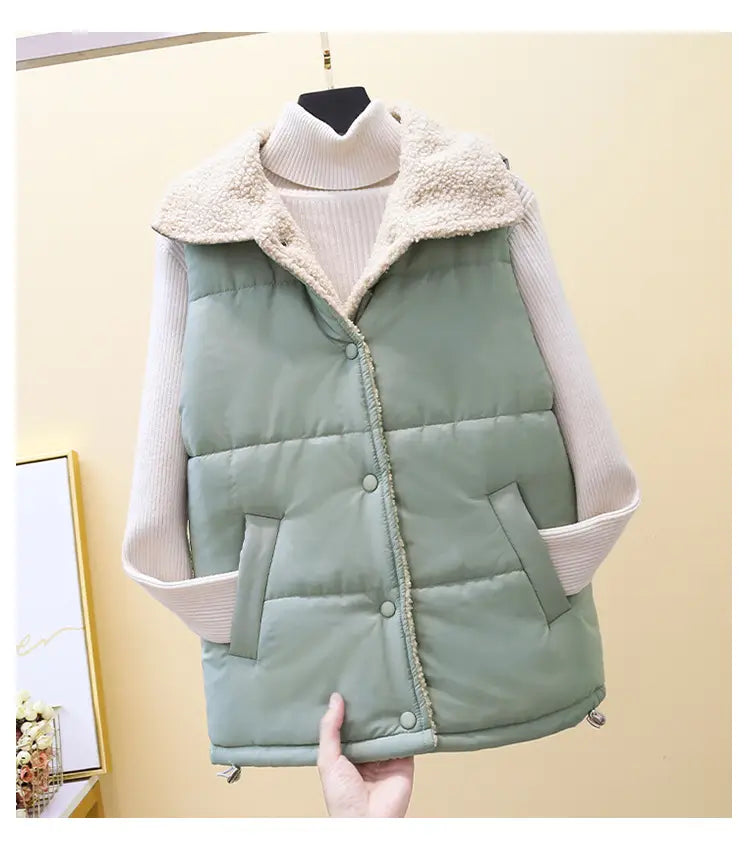 A soft mint green quilted vest for women featuring a plush beige shearling collar and front button closure.