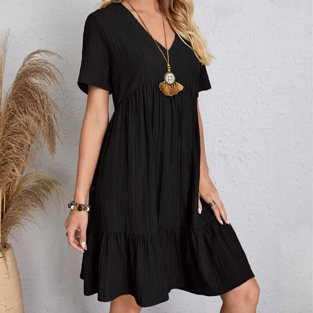 Robe à volants superposés en noir, encolure en V, manches courtes, pour femmes, en tissu léger, idéale pour la saison estivale