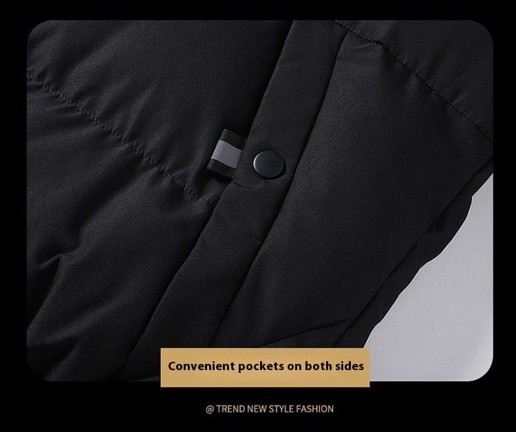 Men’s warm padded down jacket in black quilted puffer design with sleek button closure and subtle gray accent stripe.