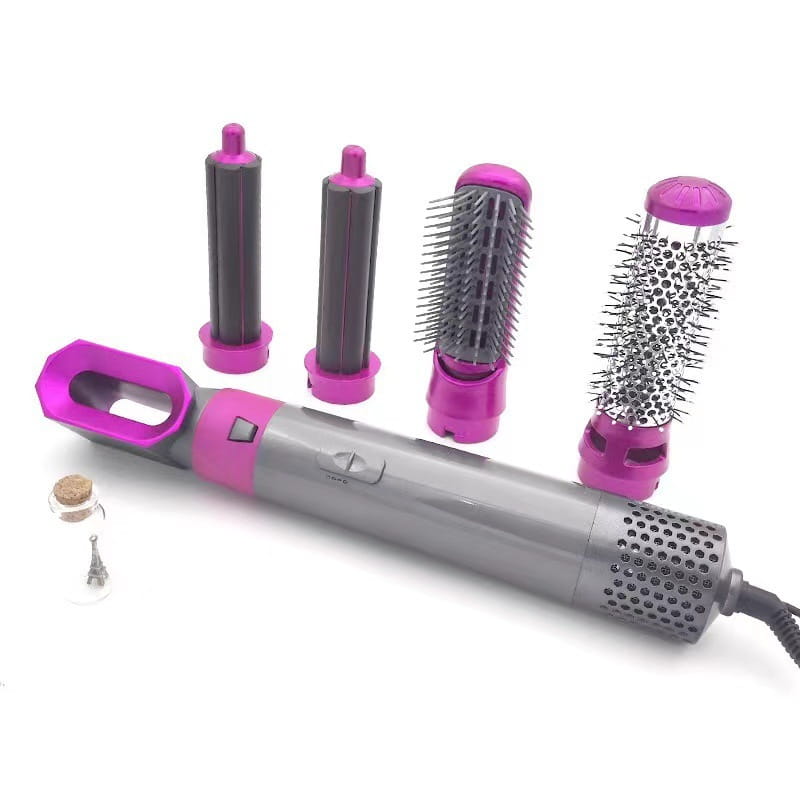 Purple and gray 5-in-1 hot air comb hair dryer and styler set with interchangeable styling attachments for versatile hair drying and styling.