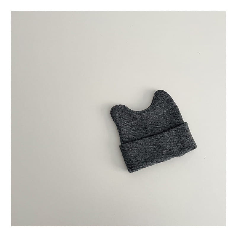 Children’s knitted beanie hat warm winter cap in soft dark gray knit with a cozy folded brim and two ear-like protrusions.