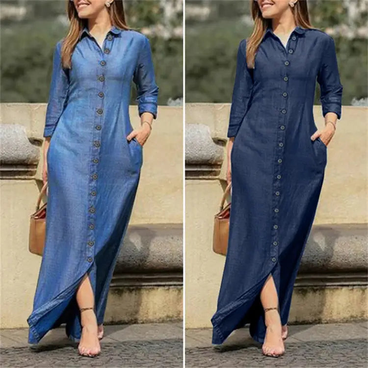 Blue denim button front long sleeve maxi dress featuring three-quarter sleeves and a side slit.