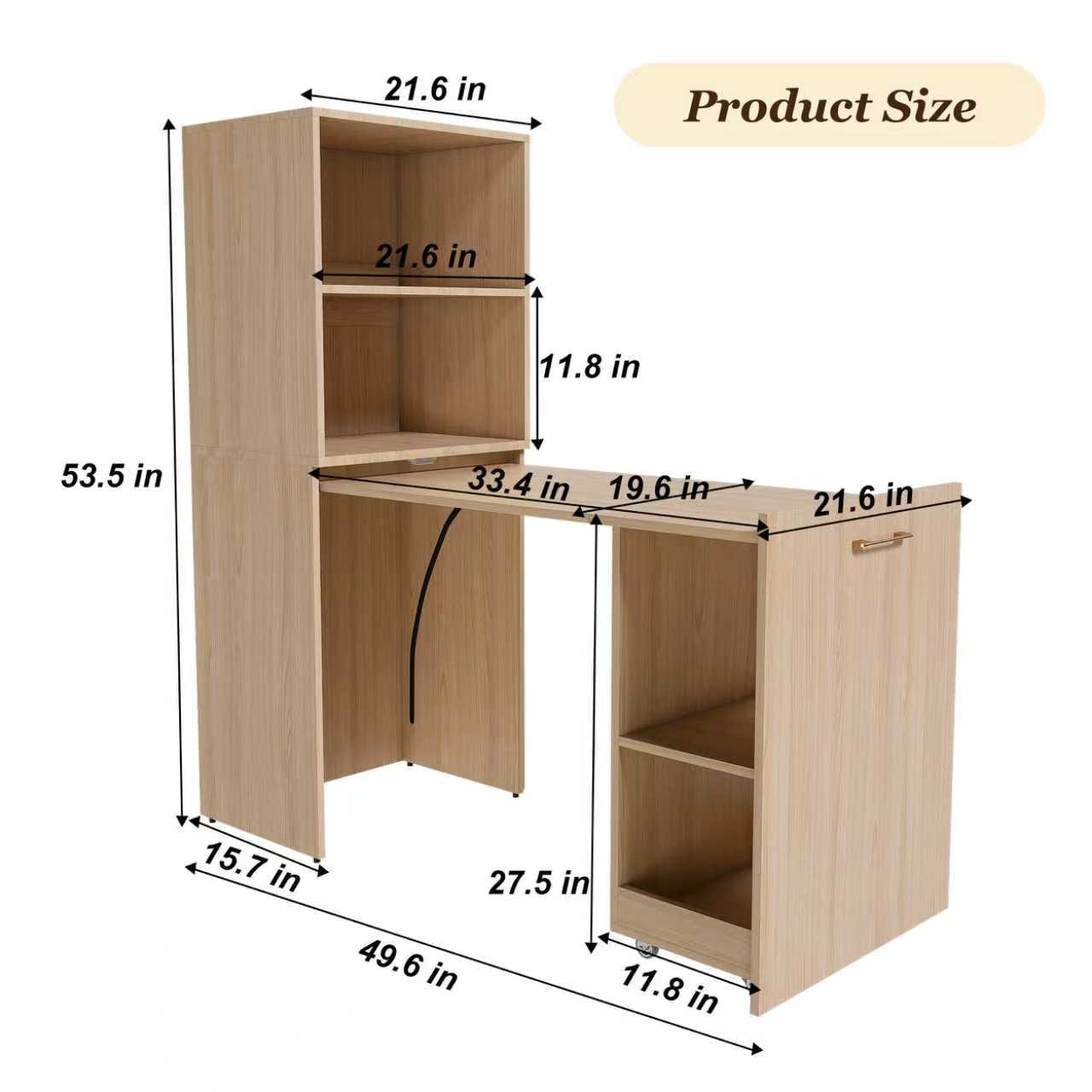 Bureau extensible en grain de bois clair avec étagères de rangement intégrées et un caisson à droite équipé de roues pour la mobilité.