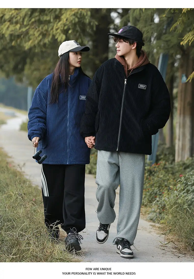 Herren Cord-Pufferjacke in Blau mit Reißverschluss vorne und kleinem rechteckigem Aufnäher auf der Brust, entworfen für winterliche Wärme.
