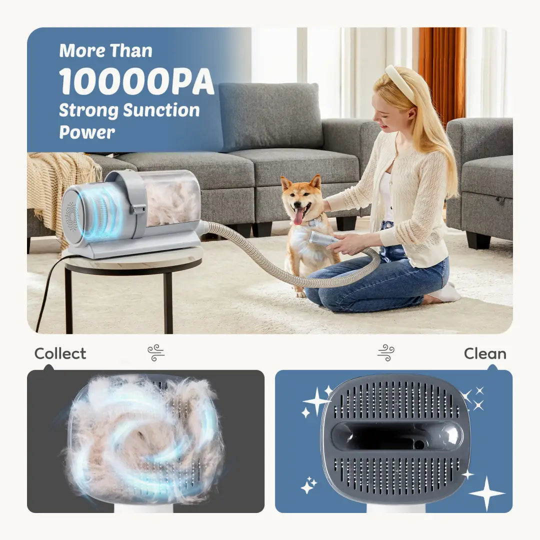 Pet grooming vacuum clippers 2.5l kit with gray and white design and flexible hose for collecting dog fur during brushing.