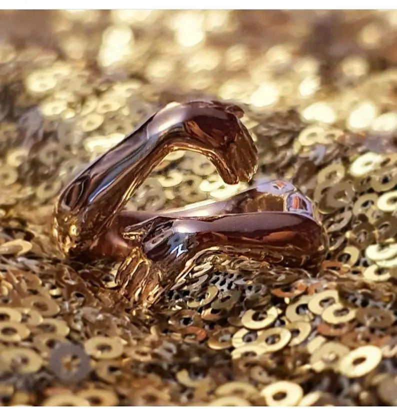 A glossy dark brown ceramic ring shaped like a stylized animal head with intricate detailing accompanying an adjustable silver hands embracing ring with red gemstone.