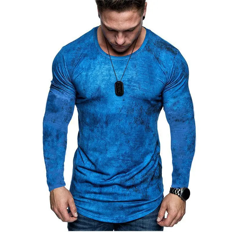 Men’s blue long-sleeved fitted t-shirt with a distressed textured pattern suitable for casual wear.