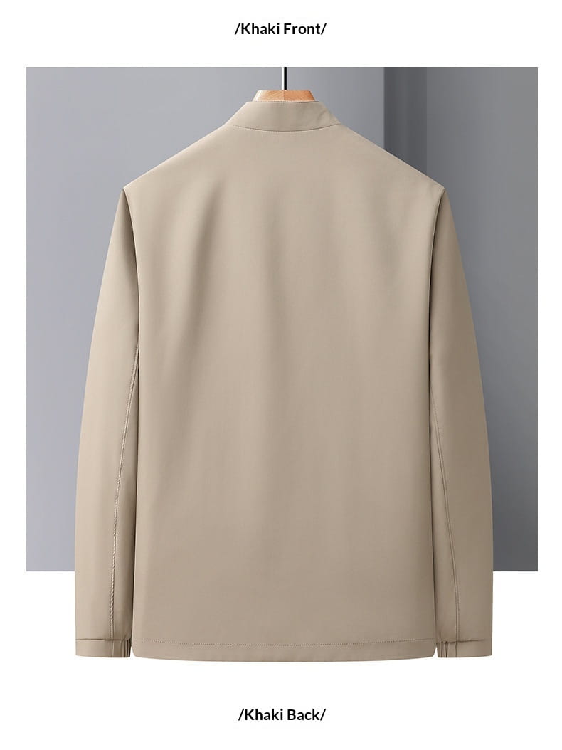 Men casual business stand collar jacket in khaki color with long sleeves and a classic collar featuring clean lines.