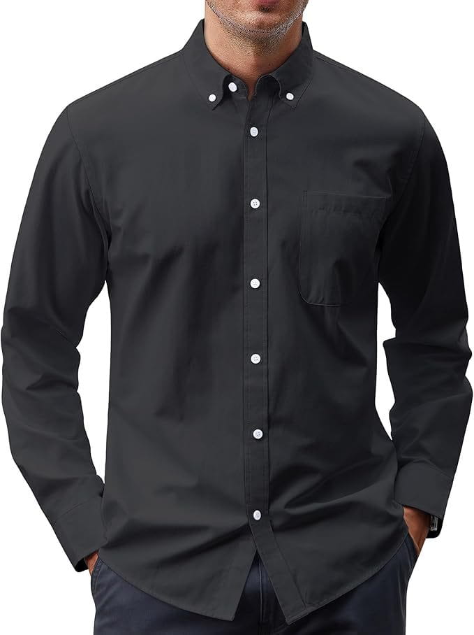 Men’s long sleeve oxford button down shirt in black with white buttons and a chest pocket designed for formal and casual wear.