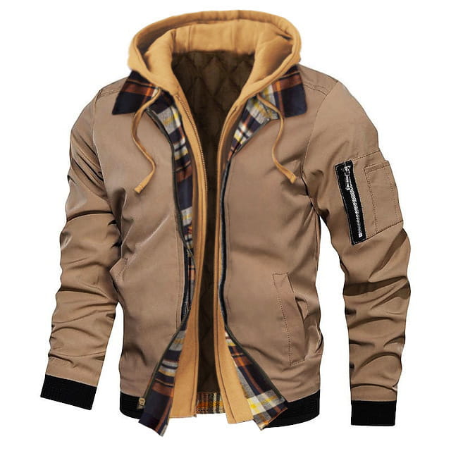 Plus size fleece lined hooded bomber jacket in tan with plaid lining and black trim on cuffs collar and hem.