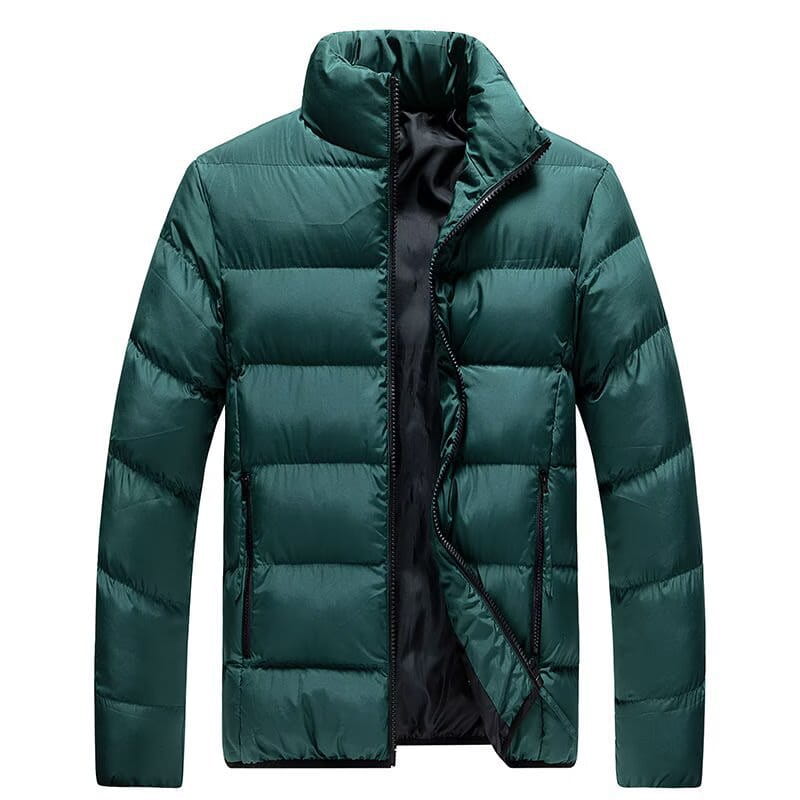 Doudoune matelassée pour hommes vert foncé, avec glissière et doublure noires, comprenant un tissu en coton thermique matelassé, pour un manteau d’hiver.