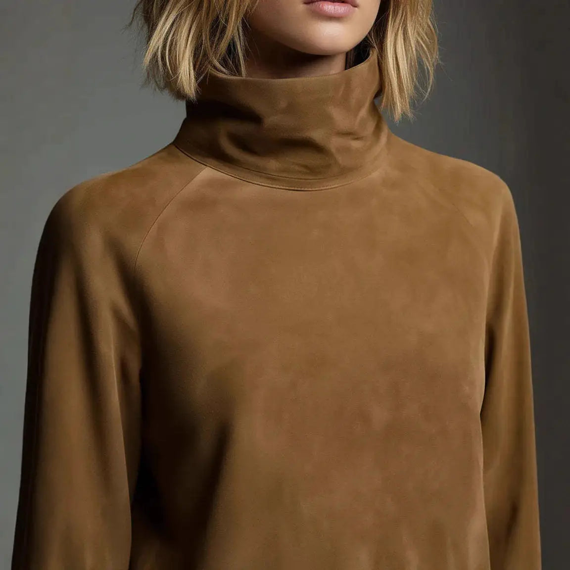 A soft tan suede turtleneck cargo mini dress with a high collar and long sleeves.