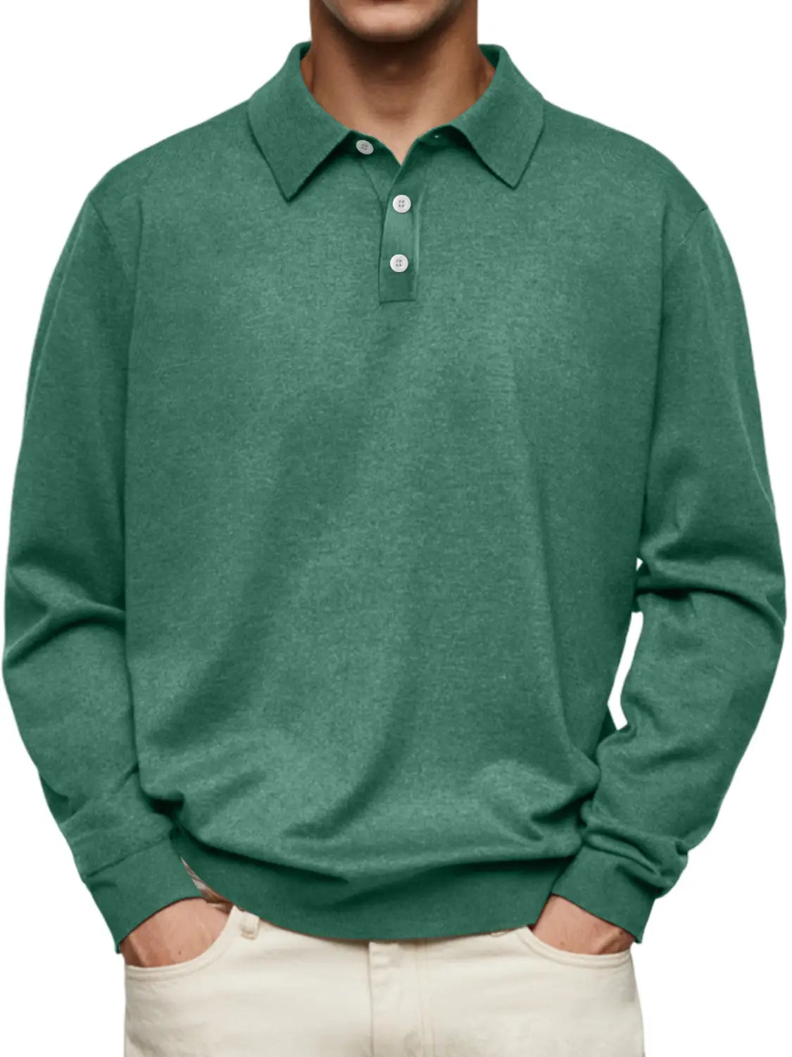 Men long sleeve v-neck button polo shirt in dark green with subtle heathered texture and white buttons.