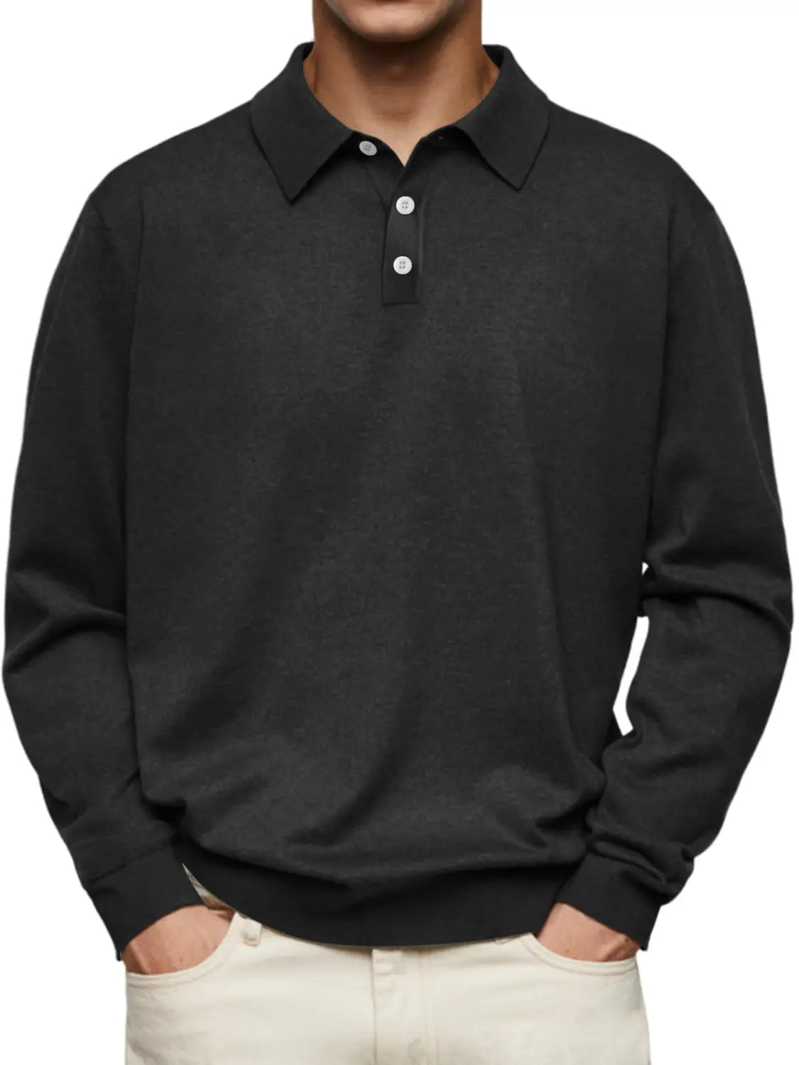 Men long sleeve v-neck button polo shirt in black with a classic collar and three white buttons.