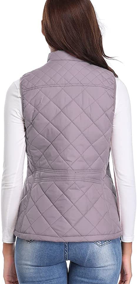 Chaleco acolchado de algodón lavanda para mujer con cuello alto y patrón de rombos, con bolsillos.