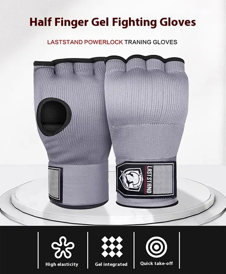 gray half-finger gel boxing hand wrap gloves with black accents and branded patch on the wrist designed for fitness and fighting use