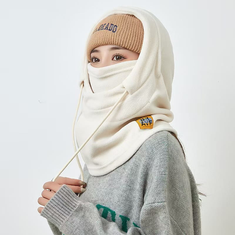cream-colored windproof fleece balaclava ski mask hat with hood, face covering, and drawstrings for winter use