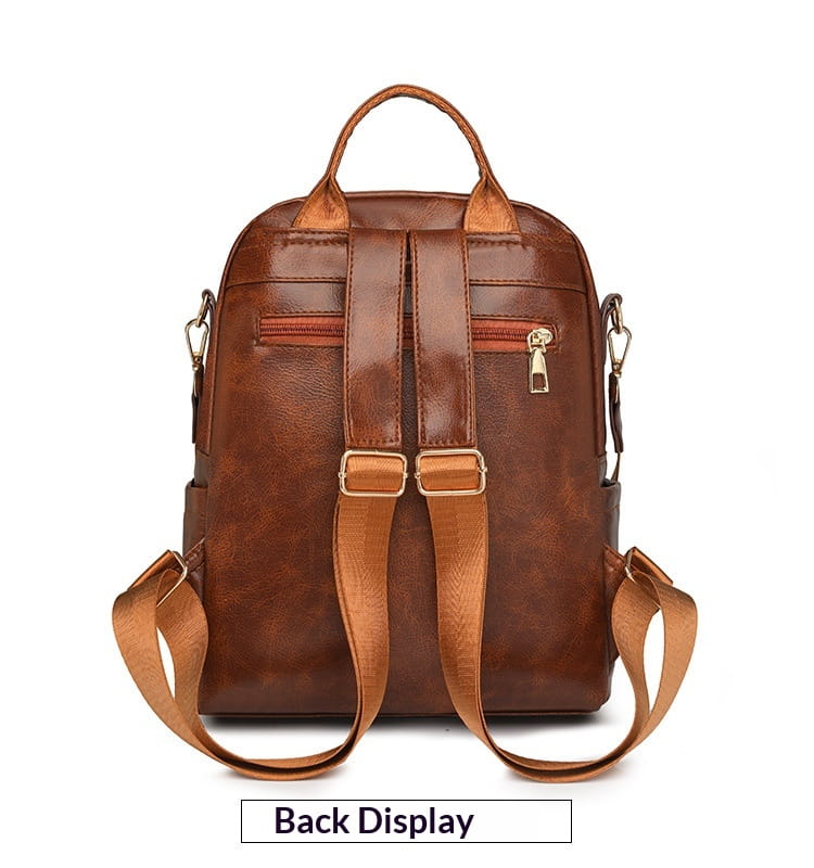 brown faux leather women’s large capacity commuter backpack with adjustable straps and front zippers visible from the back side