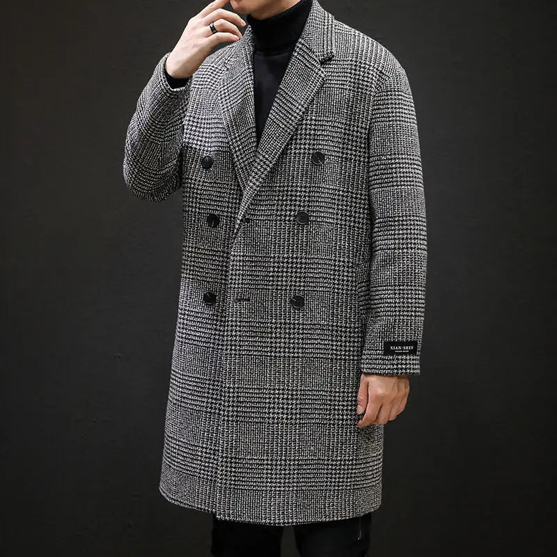 Men houndstooth wool double breasted overcoat in classic black and white pattern with a formal design.