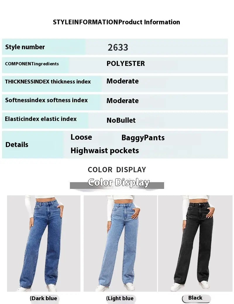 Loose baggy highwaist jeans for women in dark blue, light blue, and black polyester with moderate thickness and softness, styled as straight leg trousers.